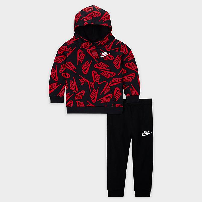 Front view of Boys' Infant Nike Sportswear Futura Toss Allover Print Fleece Hoodie and Jogger Pants Set in Black/University Red/White Click to zoom