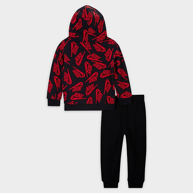 Front Three Quarter view of Boys' Infant Nike Sportswear Futura Toss Allover Print Fleece Hoodie and Jogger Pants Set in Black/University Red/White Click to zoom