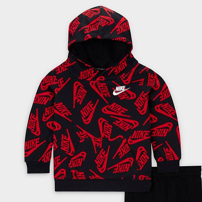 Back Left view of Boys' Infant Nike Sportswear Futura Toss Allover Print Fleece Hoodie and Jogger Pants Set in Black/University Red/White Click to zoom