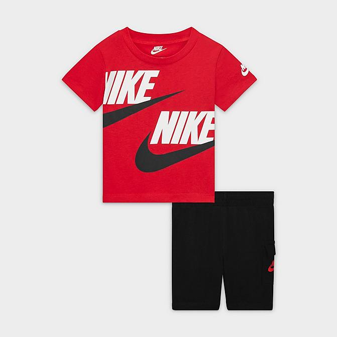 Front view of Boys' Infant Nike HBR T-Shirt and French Terry Cargo Shorts Set in University Red/Black Click to zoom