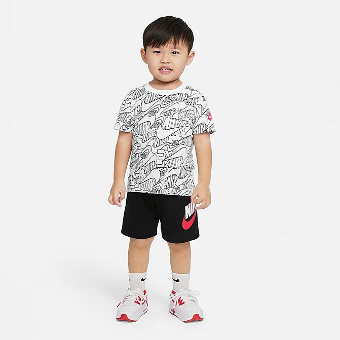 Front view of Boys' Infant Nike Read Allover Print T-Shirt and Shorts Set in Black/White/Siren Red Click to zoom