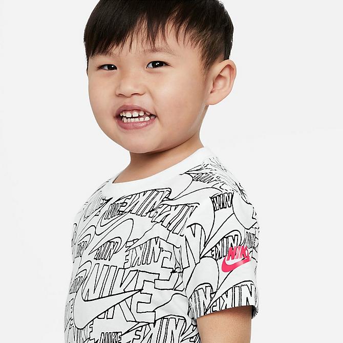 Back Left view of Boys' Infant Nike Read Allover Print T-Shirt and Shorts Set in Black/White/Siren Red Click to zoom