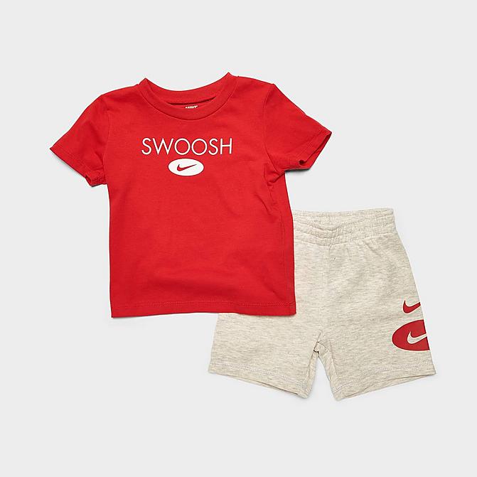 Front view of Boys' Infant Nike Swoosh T-Shirt and Shorts Set in White/Grey Heather/University Red Click to zoom