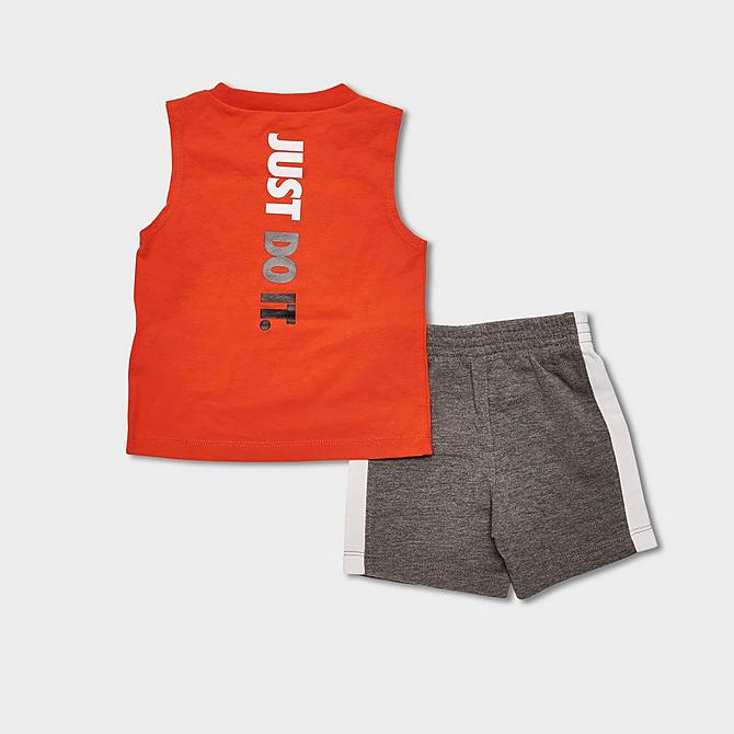 Front Three Quarter view of Boys' Infant Nike Sportswear Triple Logo Icon Tank and Shorts Set in Rush Orange/Carbon Heather Click to zoom
