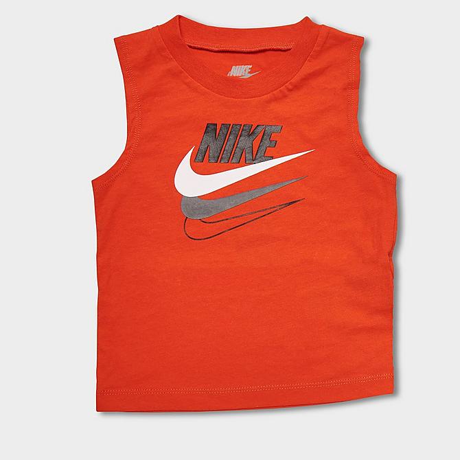 Back Left view of Boys' Infant Nike Sportswear Triple Logo Icon Tank and Shorts Set in Rush Orange/Carbon Heather Click to zoom