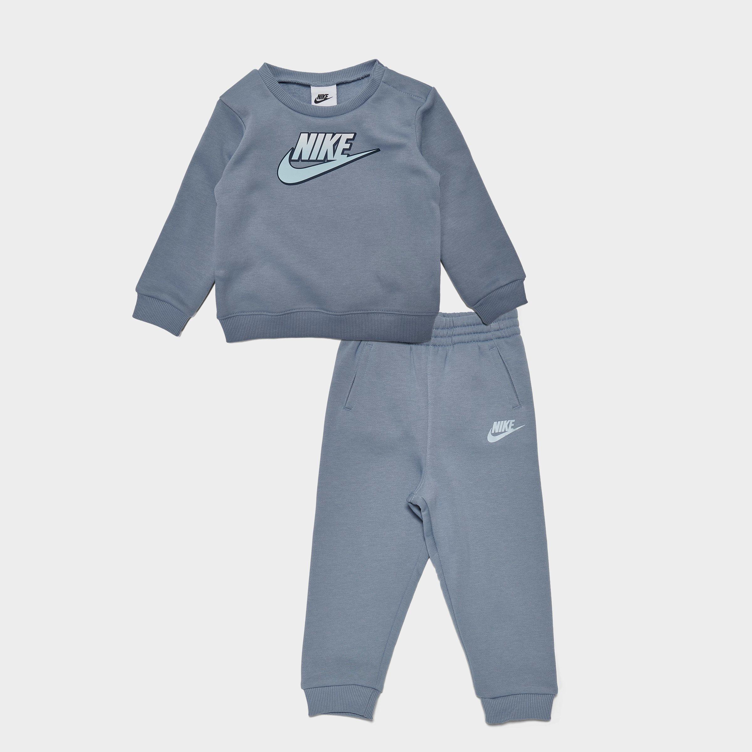 Front view of Infant Nike Futura Crewneck Sweatshirt and Jogger Pants Set in Ashen Slate Click to zoom