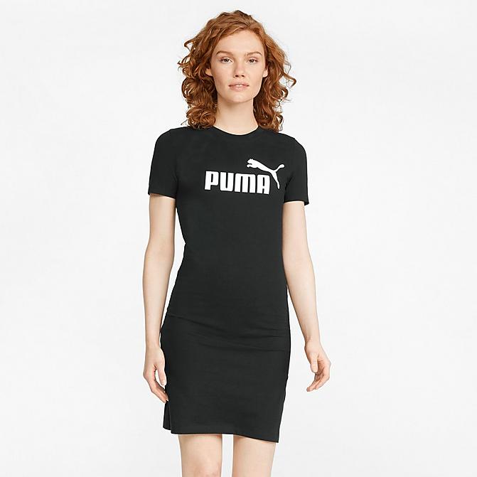 Front view of Women's Puma Essentials Slim Fit T-Shirt Dress in Puma Black Click to zoom