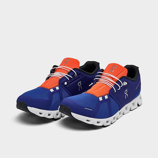 Three Quarter view of Men's On Cloud 5 Push Running Shoes in Royal/Flame Click to zoom
