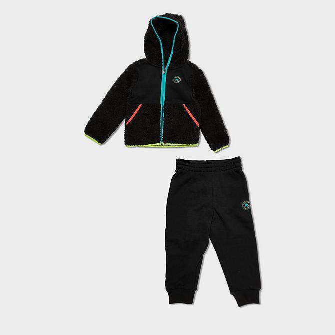 Front view of Boys' Infant Converse Chuck Taylor All Star Sherpa Full-Zip Hoodie and Jogger Pants Set in Black/Rapid Teal/Lime Twist/Poppy Click to zoom