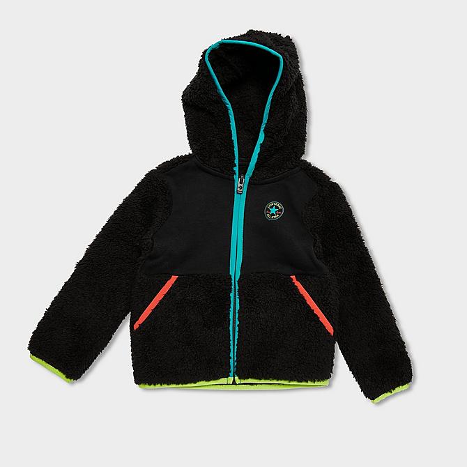 Front Three Quarter view of Boys' Infant Converse Chuck Taylor All Star Sherpa Full-Zip Hoodie and Jogger Pants Set in Black/Rapid Teal/Lime Twist/Poppy Click to zoom