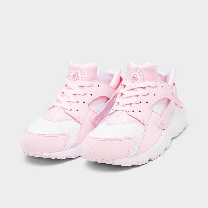 Three Quarter view of Girls' Little Kids' Nike Huarache Run Casual Shoes in Pink Foam/Hyper Pink/White Click to zoom