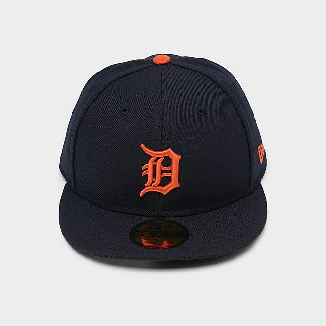 Three Quarter view of New Era Detroit Tigers MLB AC Performance 59FIFTY Fitted Hat in Navy/Orange Click to zoom