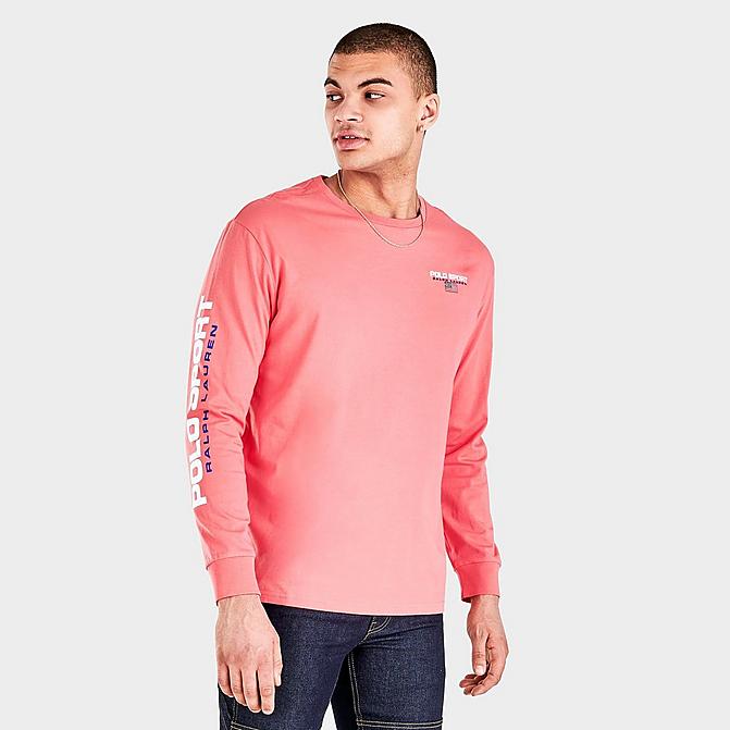 Front view of Men's Polo Ralph Lauren Classic Fit Polo Sport Jersey Long-Sleeve T-Shirt in Rose Click to zoom