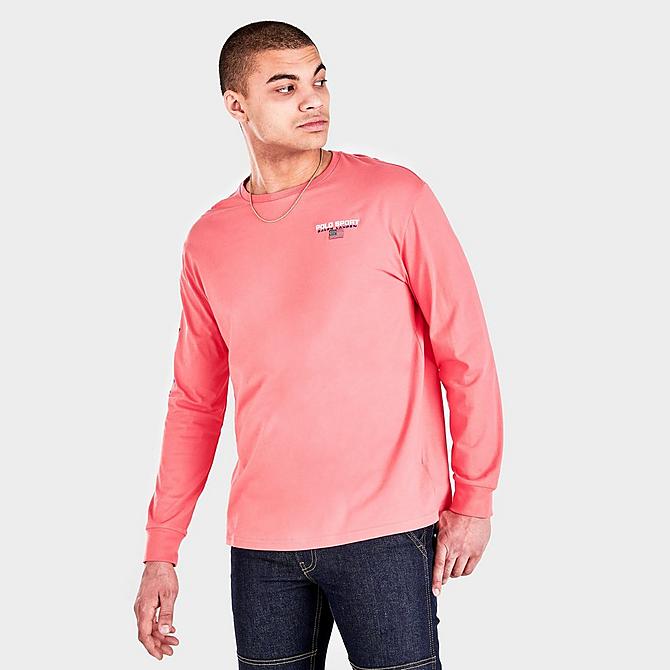 Back Left view of Men's Polo Ralph Lauren Classic Fit Polo Sport Jersey Long-Sleeve T-Shirt in Rose Click to zoom