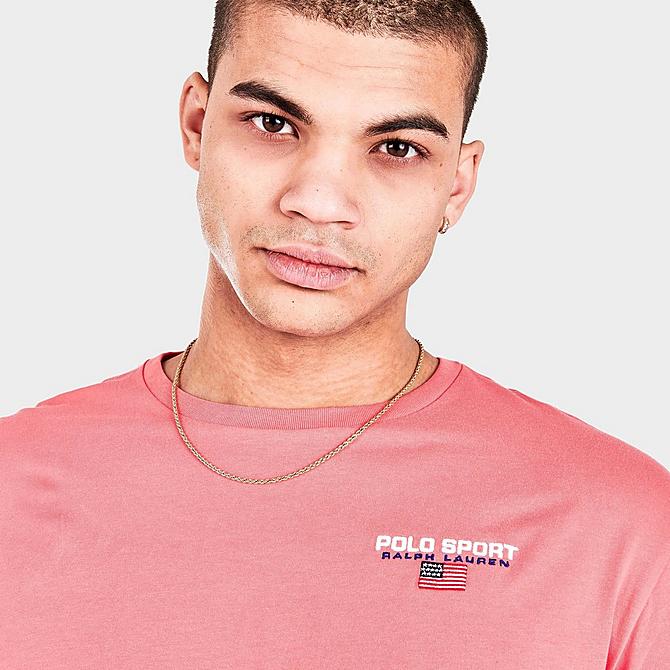 On Model 5 view of Men's Polo Ralph Lauren Classic Fit Polo Sport Jersey Long-Sleeve T-Shirt in Rose Click to zoom