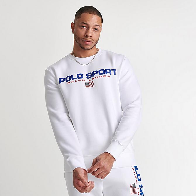 Back Left view of Men's Ralph Lauren Polo Sport Fleece Crewneck Sweatshirt in White Click to zoom