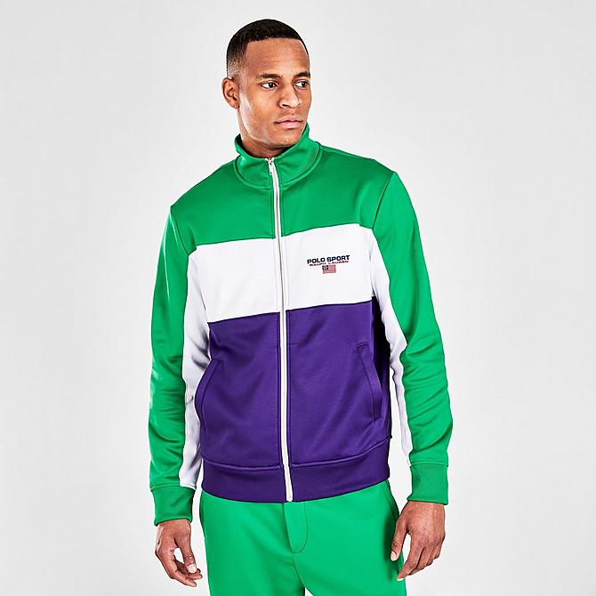 Back Left view of Men's Polo Ralph Lauren Polo Sport Fleece Track Jacket in Cruise Green/Purple Click to zoom