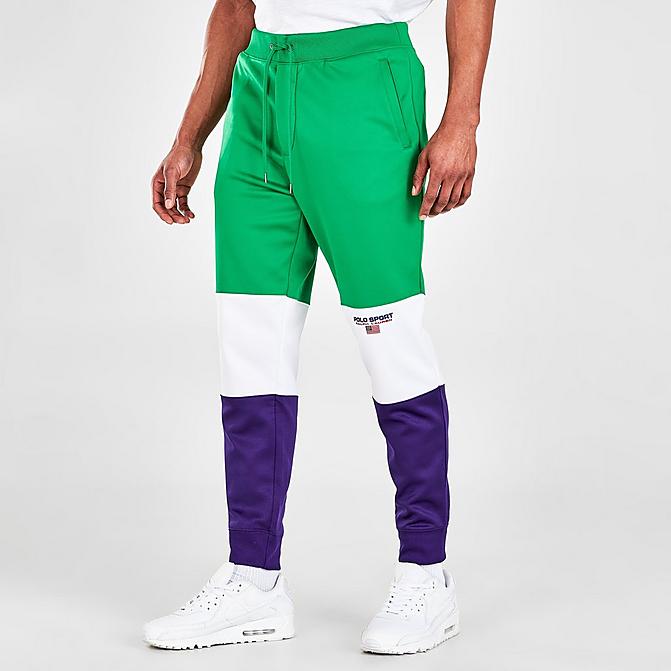 Front view of Men's Polo Ralph Lauren Polo Sport Fleece Track Pants in Cruise Green/Purple Click to zoom