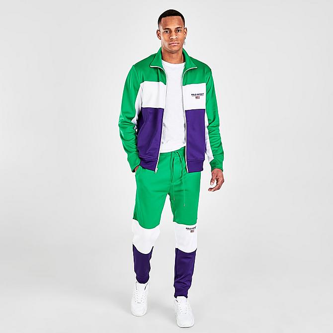 Front Three Quarter view of Men's Polo Ralph Lauren Polo Sport Fleece Track Pants in Cruise Green/Purple Click to zoom