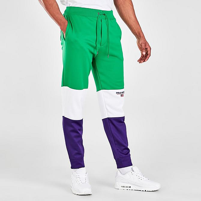 Back Left view of Men's Polo Ralph Lauren Polo Sport Fleece Track Pants in Cruise Green/Purple Click to zoom