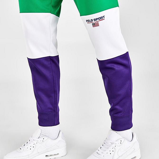 On Model 5 view of Men's Polo Ralph Lauren Polo Sport Fleece Track Pants in Cruise Green/Purple Click to zoom