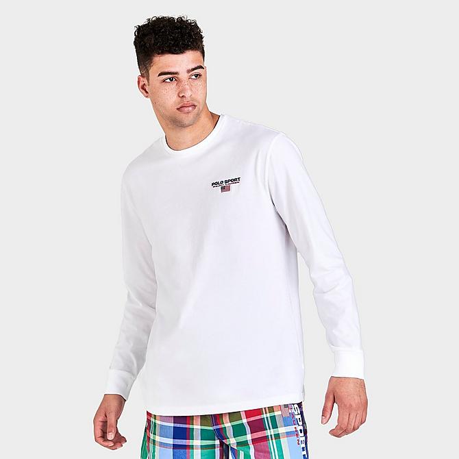 Back Left view of Men's Polo Ralph Lauren Polo Sport Madras Print Long-Sleeve T-Shirt in White Click to zoom