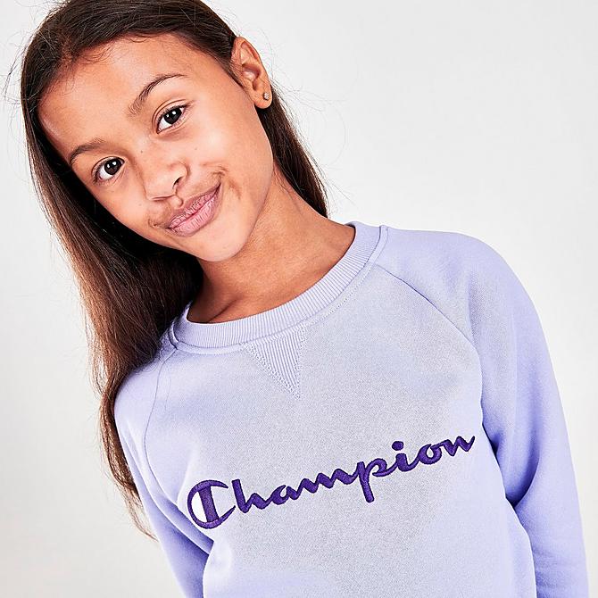 On Model 6 view of Girls' Champion Script Logo Crewneck Sweatshirt Click to zoom