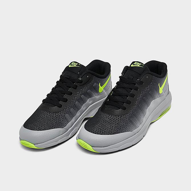 Three Quarter view of Boys' Little Kids' Nike Air Max Invigor Running Shoes in Wolf Grey/Volt/Black Click to zoom