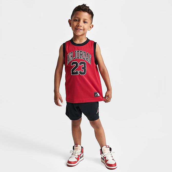 Front view of Boys' Toddler Jordan HBR Muscle Tank and Shorts Set in Black/Red Click to zoom
