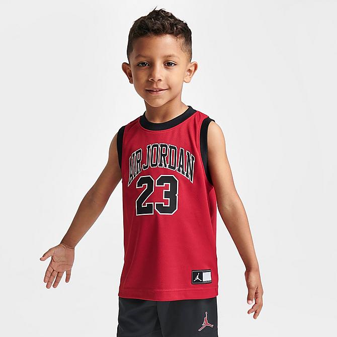 Back Left view of Boys' Toddler Jordan HBR Muscle Tank and Shorts Set in Black/Red Click to zoom