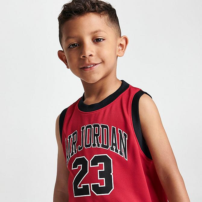 On Model 5 view of Boys' Toddler Jordan HBR Muscle Tank and Shorts Set in Black/Red Click to zoom