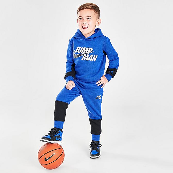 Front view of Boys' Toddler Jordan Jumpman Fleece Hoodie and Joggers Set in Blue/White/Black Click to zoom