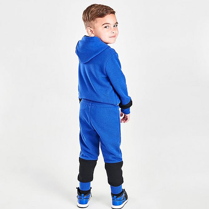 Front Three Quarter view of Boys' Toddler Jordan Jumpman Fleece Hoodie and Joggers Set in Blue/White/Black Click to zoom