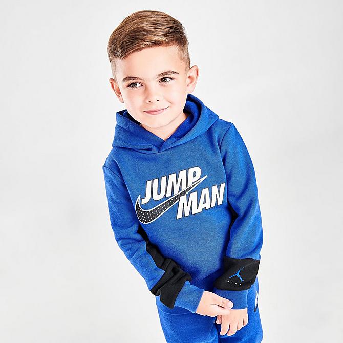 Back Left view of Boys' Toddler Jordan Jumpman Fleece Hoodie and Joggers Set in Blue/White/Black Click to zoom