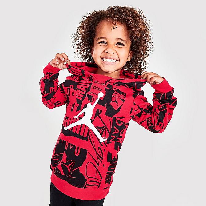 Back Left view of Boys' Toddler Jordan Essentials Fleece AOP Hoodie and Jogger Pants Set in Red/Black/White Click to zoom
