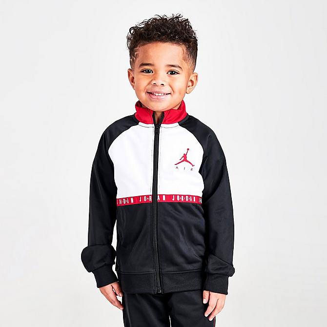 Back Left view of Boys' Toddler Jordan Air Blocked Tricot Track Jacket and Jogger Pants Set in Black/White/Red Click to zoom