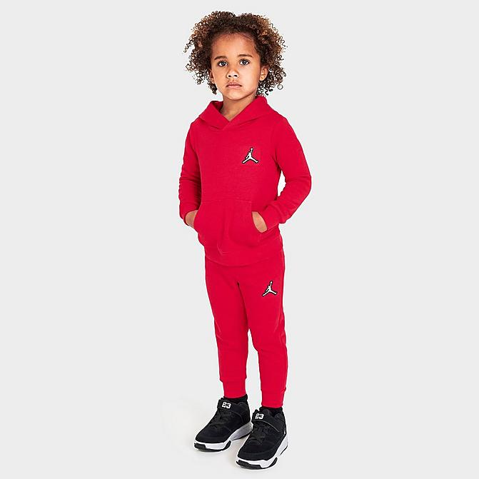 Front view of Kids' Toddler Jordan Essentials Fleece Hoodie and Jogger Pants Set in Gym Red/White Click to zoom