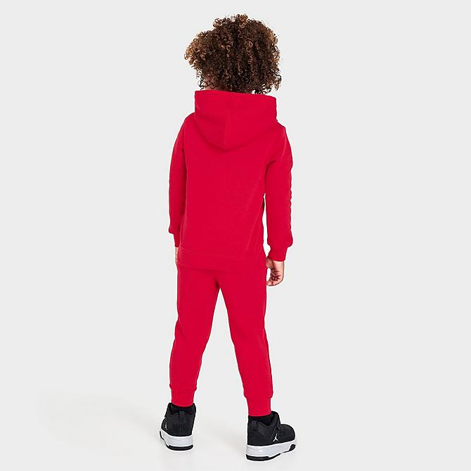 Front Three Quarter view of Kids' Toddler Jordan Essentials Fleece Hoodie and Jogger Pants Set in Gym Red/White Click to zoom