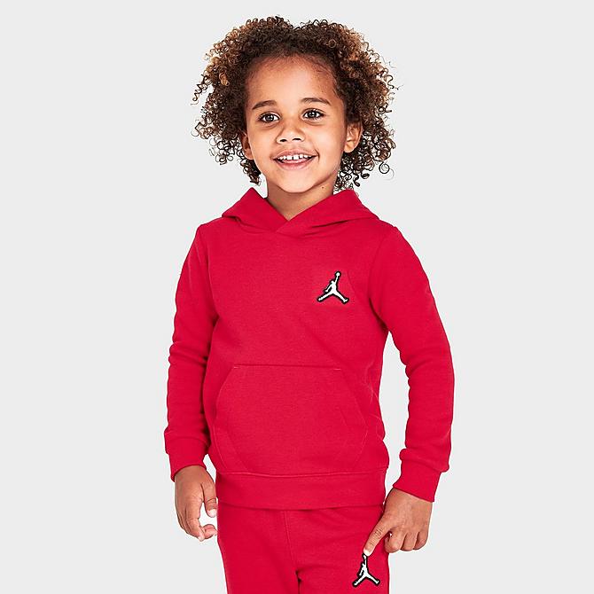 Back Left view of Kids' Toddler Jordan Essentials Fleece Hoodie and Jogger Pants Set in Gym Red/White Click to zoom