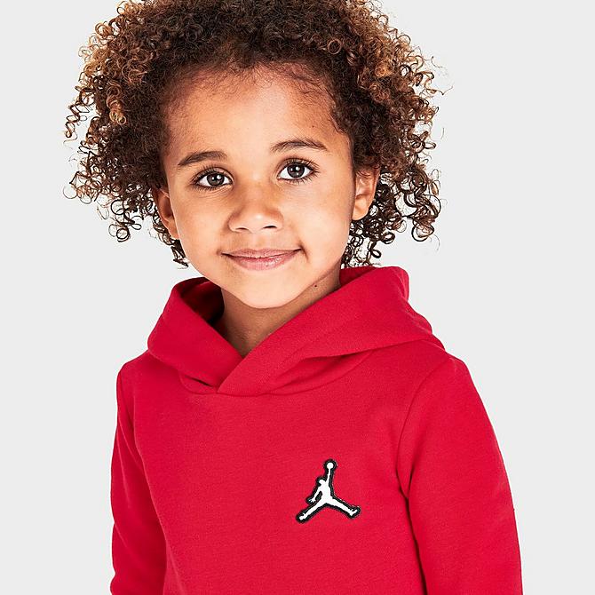 On Model 5 view of Kids' Toddler Jordan Essentials Fleece Hoodie and Jogger Pants Set in Gym Red/White Click to zoom