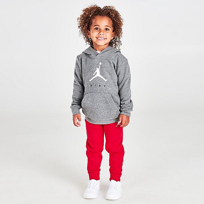 Front view of Kids' Toddler Jumpman by Nike Hoodie, T-Shirt and Jogger Pants Set (3-Piece) in Grey/Red/White Click to zoom
