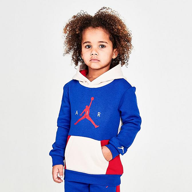 Front view of Boys' Toddler Jordan Wild Utility Pullover Hoodie in Racer Blue/Pearl White/Gym Red Click to zoom