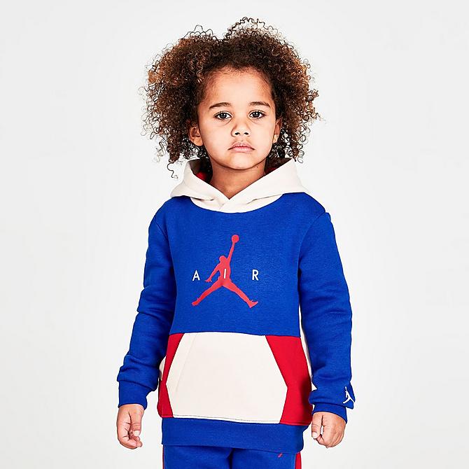 Back Left view of Boys' Toddler Jordan Wild Utility Pullover Hoodie in Racer Blue/Pearl White/Gym Red Click to zoom