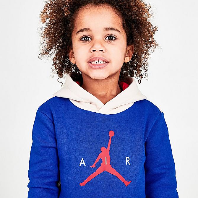 On Model 5 view of Boys' Toddler Jordan Wild Utility Pullover Hoodie in Racer Blue/Pearl White/Gym Red Click to zoom