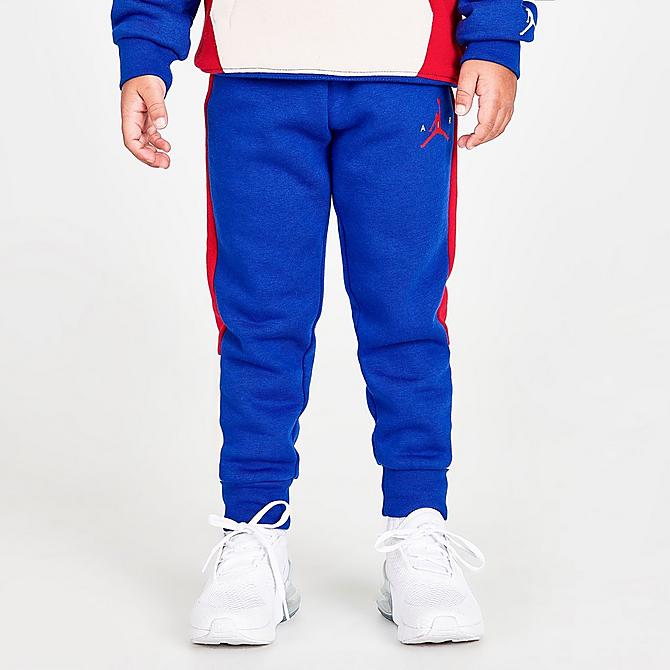 Back Left view of Boys' Toddler Jordan Wild Utility Jogger Pants in Racer Blue/Pearl White/Gym Red Click to zoom