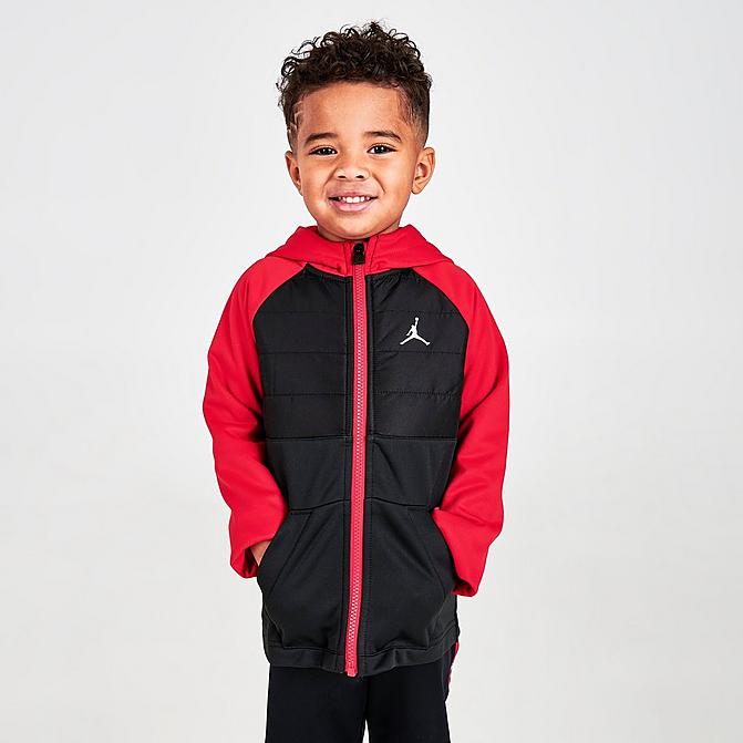 Front view of Boys' Toddler Jordan Therma-FIT Full-Zip Jacket in Black/Gym Red Click to zoom