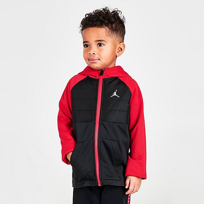 Back Left view of Boys' Toddler Jordan Therma-FIT Full-Zip Jacket in Black/Gym Red Click to zoom