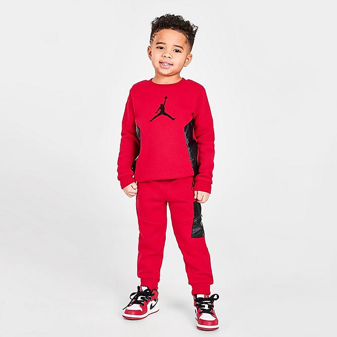 Front view of Boys' Toddler Jordan Essentials Premium Crewneck and Jogger Pants Set in Black/Red Click to zoom