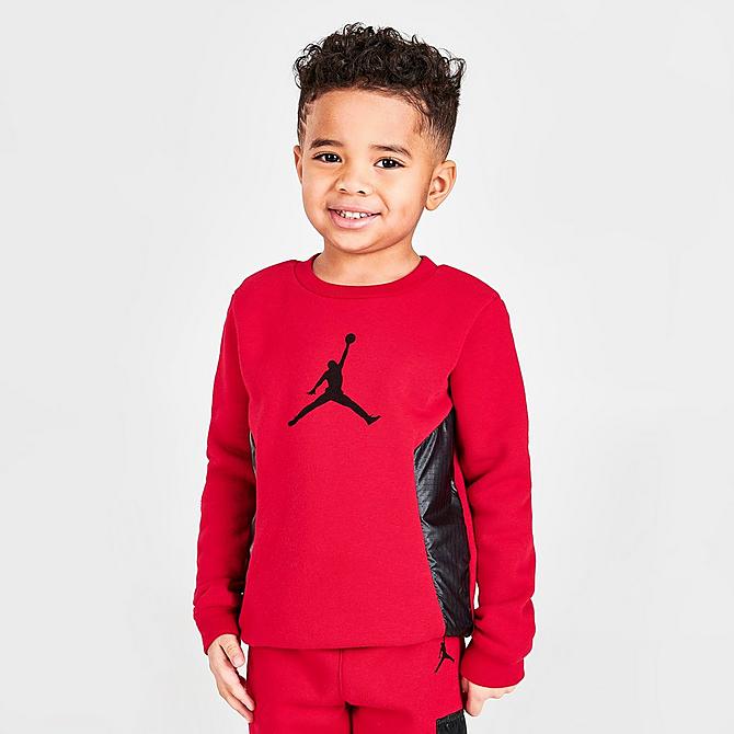 Back Left view of Boys' Toddler Jordan Essentials Premium Crewneck and Jogger Pants Set in Black/Red Click to zoom