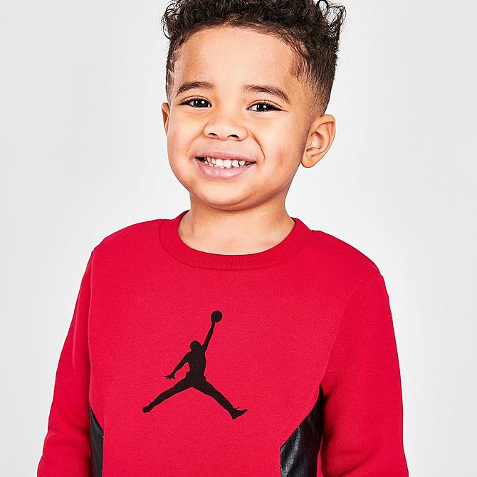 On Model 5 view of Boys' Toddler Jordan Essentials Premium Crewneck and Jogger Pants Set in Black/Red Click to zoom